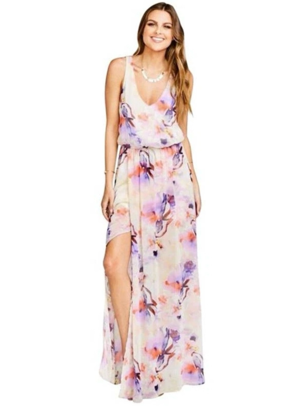 Show Me Your Mumu Kendall Maxi Chiffon Formal V-Neck Pastel Watercolor Dress